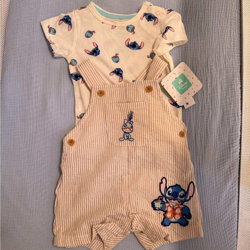 Disney Kids Overalls with Stitch Design - Cream and Blue